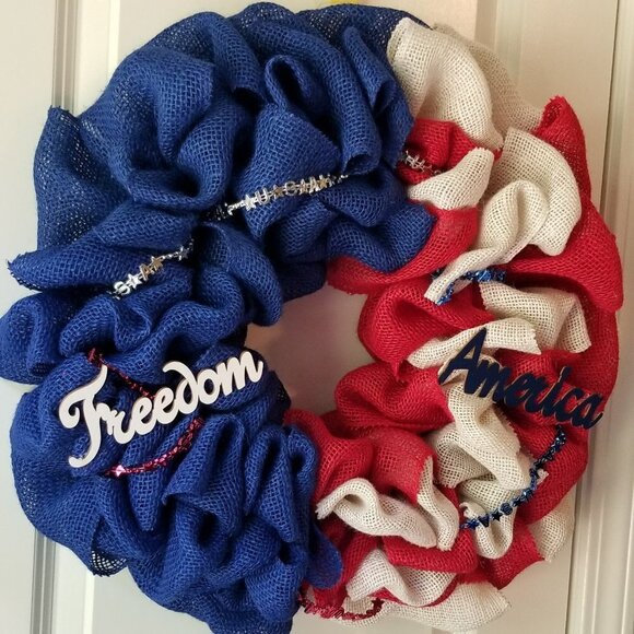 Patriotic Burlap Wreath Front Door Decor Year Round - Picture 3 of 5